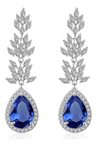 Brinco Zirconia Prata Azul Gota Pendurado Festa Debutante