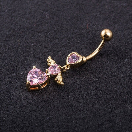 Piercing De Umbigo Dourado Zirconia Coração Pendurado Ouro