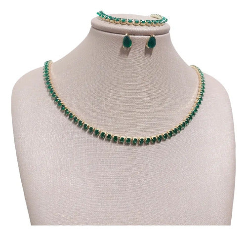 Colar Chocker Brinco Pulseira Riviera Gota Zircônia Verde Verde