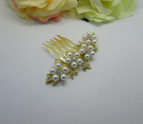 Arranjo Enfeite Cabelo Noiva Dama Dourado Strass Perola
