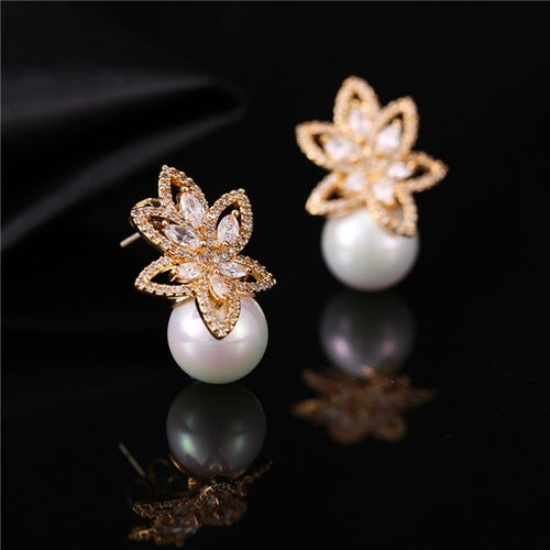 Brinco Zirconia E Pérola Noiva Pequeno Dourado Festa Luxo
