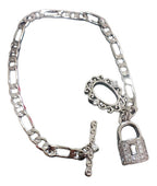 Pulseira Bracelete Prata Cadeado Pedra Zircônia Grossa Rodio
