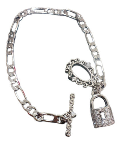 Pulseira Bracelete Prata Cadeado Pedra Zircônia Grossa Rodio