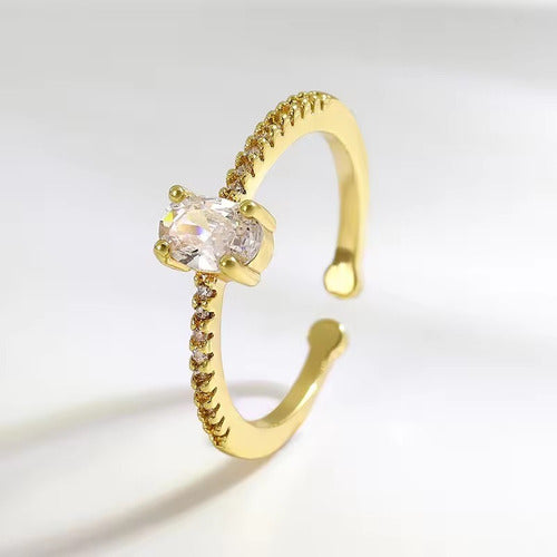 Anel Pedra Zirconia Festa Dourado Ajustável Folheado Oval
