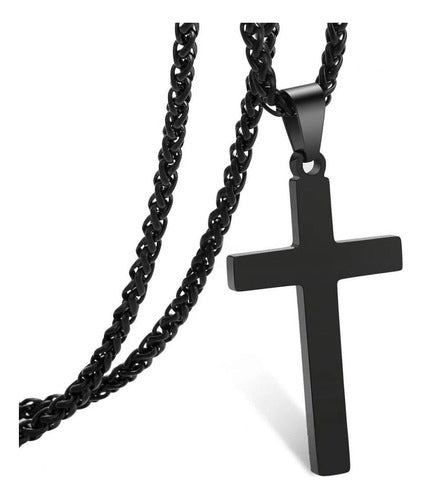 Corrente Masculina Pingete Cruz Aço Inox Prata Preta 60 Cm