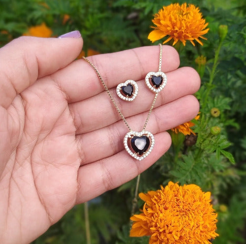 Conjunto Colar E Brinco Coração Pedra Zirconia Preto Verde