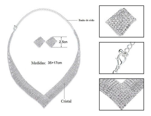 Conjunto Strass Colar Brinco Noiva Prata Debutante Madrinha