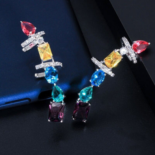 Par De Brinco Ear Cuff Zirconia Colorido Prata Rodio Festa