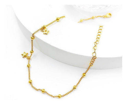 Tornozeleira Bolinhas E Estrelas Dourada Folheada A Ouro 18k