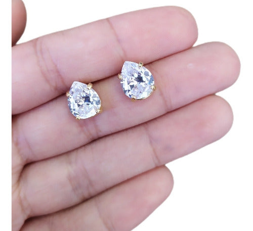 Brinco Daminha Dama Pedra Zirconia Dourado Gota F. Ouro 8mm