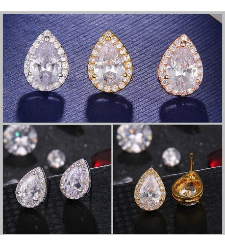 Conjunto Colar Brinco Noiva Pedra Zirconia Prata Dourad Gota