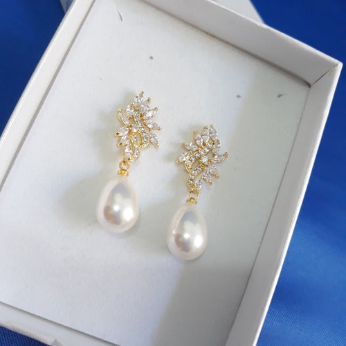 Brinco Pérola E Zirconia Noiva Pequeno Delicado Dourado Gota