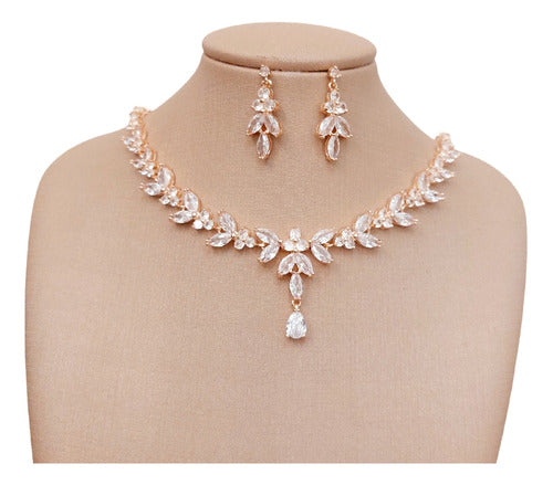Colar E Brinco Noiva Zircônia Rose Gold Festa Debutante Luxo