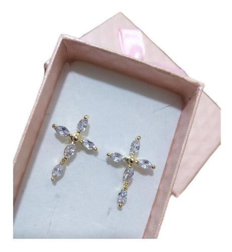 Brinco Cruz Zirconia Dourado Folheado A Ouro