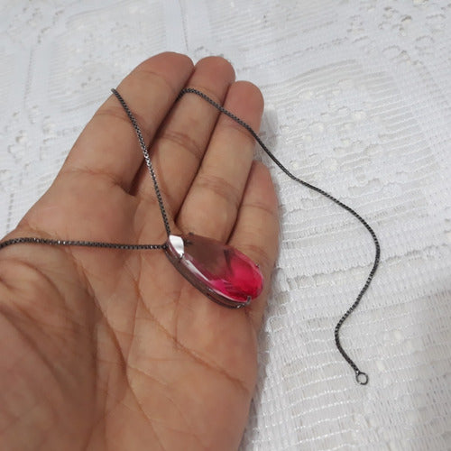 Colar Gota Grande Zirconia Rosa Degradê Rodio Negro Rainbow