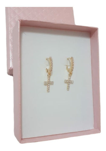 Brinco Argola Com Pedra De Zircônia Pingente Cruz F Ouro 18k