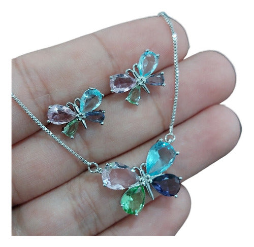 Colar Brinco Borboleta Pedra Zirconia Colorido Banhado Ouro