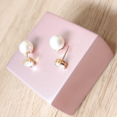 Brinco Pérola Traseira Inspiração Pedra Zirconia F. Ouro 18k