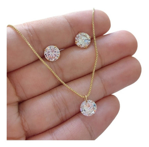 Conjunto Colar E Brinco Pedra Zirconia Ponto De Luz Banhado