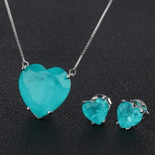 Conjunto Colar E Brinco Coração Pedra Zirconia Fusion Verde