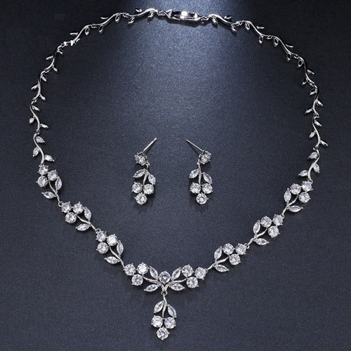 Colar E Brinco Noiva Zircônia Prata Festa Debutante Folhas
