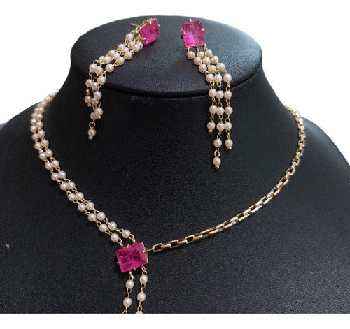 Conjunto Colar E Brinco Zircônia Pérola Rosa Lilás Festa