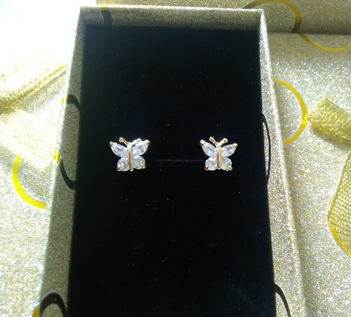 Brinco Zirconia Dourado Dama Daminha Folheado Ouro Borboleta