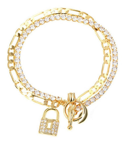 Pulseira Bracelete Dourada Cadeado Pedra Zircônia Riviera
