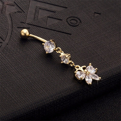 Piercing De Umbigo Pendurado Dourado Borboleta Zirconia Aço