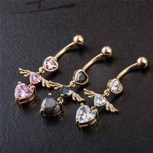 Piercing De Umbigo Dourado Zirconia Coração Pendurado Ouro