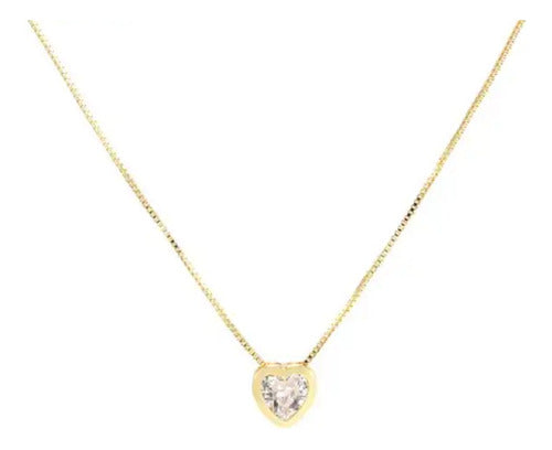 Colar Corrente Pedra Zirconia Coração Semijoia Dourado Prata