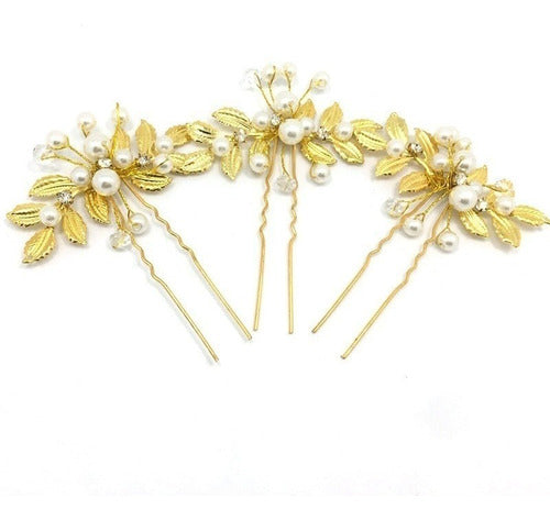 Arranjo Enfeite Dourado Cabelo Noiva Perola Dama Debutante