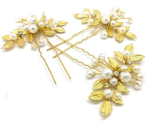 Arranjo Enfeite Dourado Cabelo Noiva Perola Dama Debutante