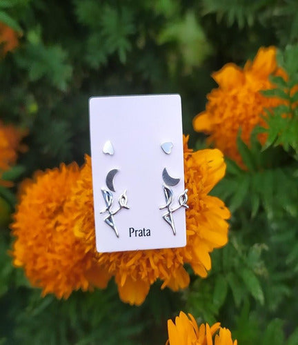 Trio Brinco Prata Coração Lua Fé