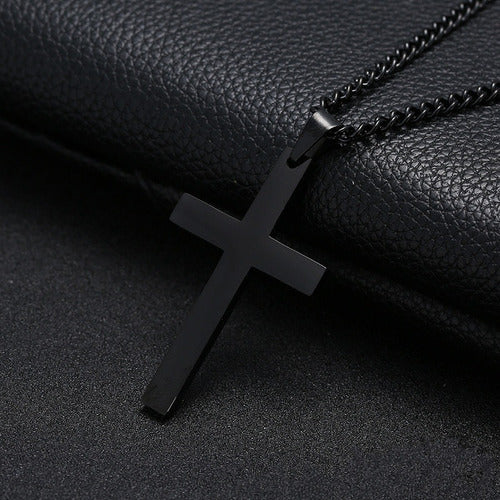 Corrente Masculina Aço Inox Pingente Cruz Preta Prata 60 Cm