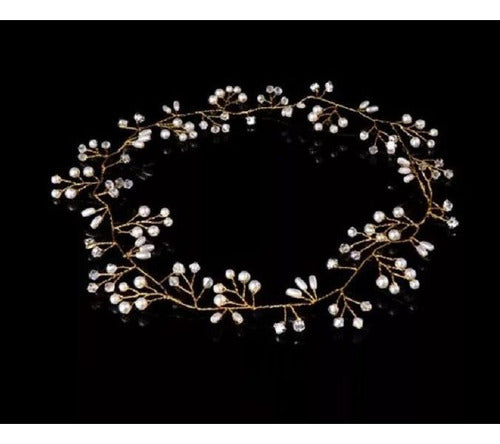 Tiara Arranjo Cabelo Noiva Pérola Fio Strass Dourado Prata