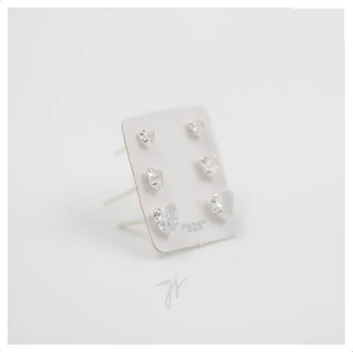 Trio Brinco Pedra Zirconia Coração Prata 925 3 4 5 Mm