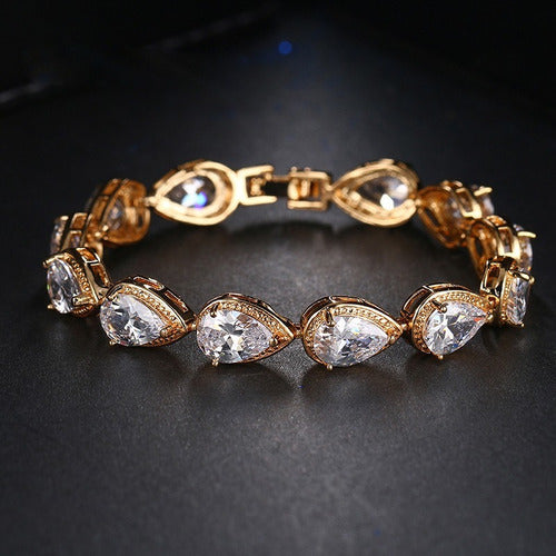 Pulseira Bracelete Dourada Com Zircônia Noiva Debutante Gota