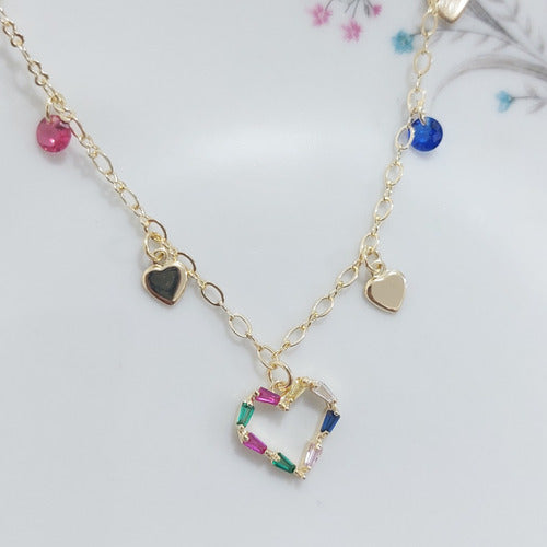 Pulseira Colorida F. Ouro 18k Com Zircônia Pingente Coração