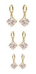 Trio Brinco Argola Pedra Zirconia Folheado Pingente Quadrado