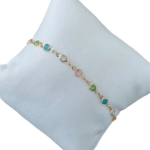 Pulseira Infantil Bebê Pedras Coloridas 14 Cm Folheada Ouro