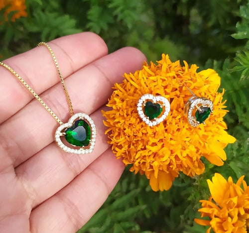 Conjunto Colar E Brinco Coração Pedra Zirconia Preto Verde