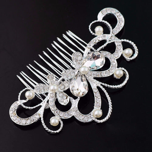 Arranjo Enfeite Cabelo Noiva Strass Perola Prata Debutante