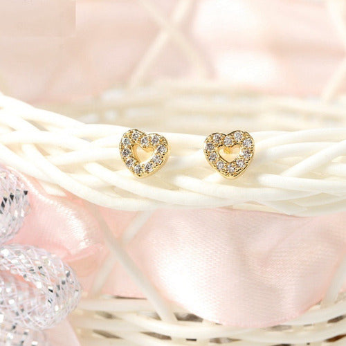 Brinco Infantil Coração Pedra Zirconia Dourado Prata 2 Furo