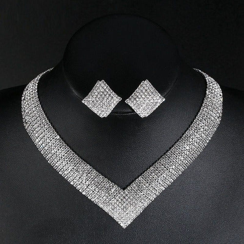 Conjunto Strass Colar Brinco Noiva Prata Debutante Madrinha