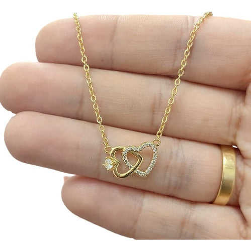 Colar Pingente Coração Duplo Pedra Zirconia Folheado Ouro 18