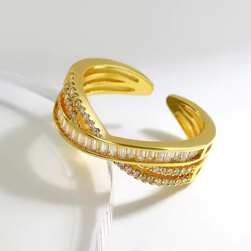 Anel Pedra Zirconia Festa Dourado Ajustável Folheado Luxo