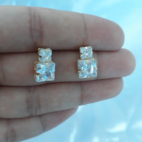 Brinco Zirconia Noiva Dourado Folheado A Ouro 18k Semi Joia Com Garantia Pequeno Quandrado Barato Delicado