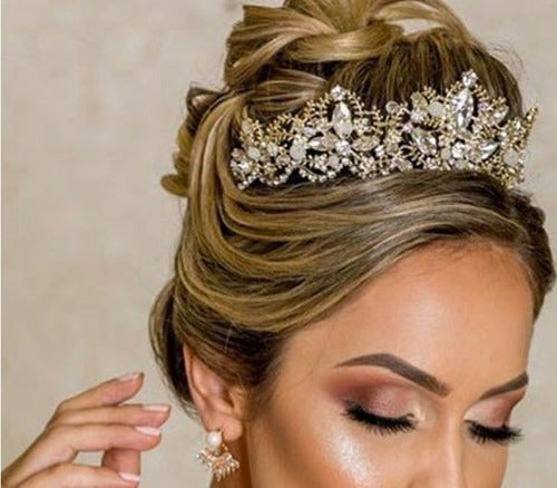 Coroa Tiara Arranjo Cabelo Noiva Strass Dourada Ouro Luxo
