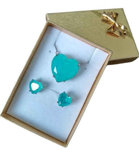 Conjunto Colar E Brinco Coração Pedra Zirconia Fusion Verde